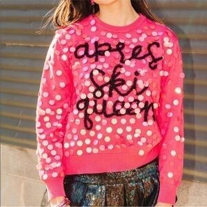 Queen of Sparkles Apres Ski Queen Sequin Crewneck Pink and Black Sweater